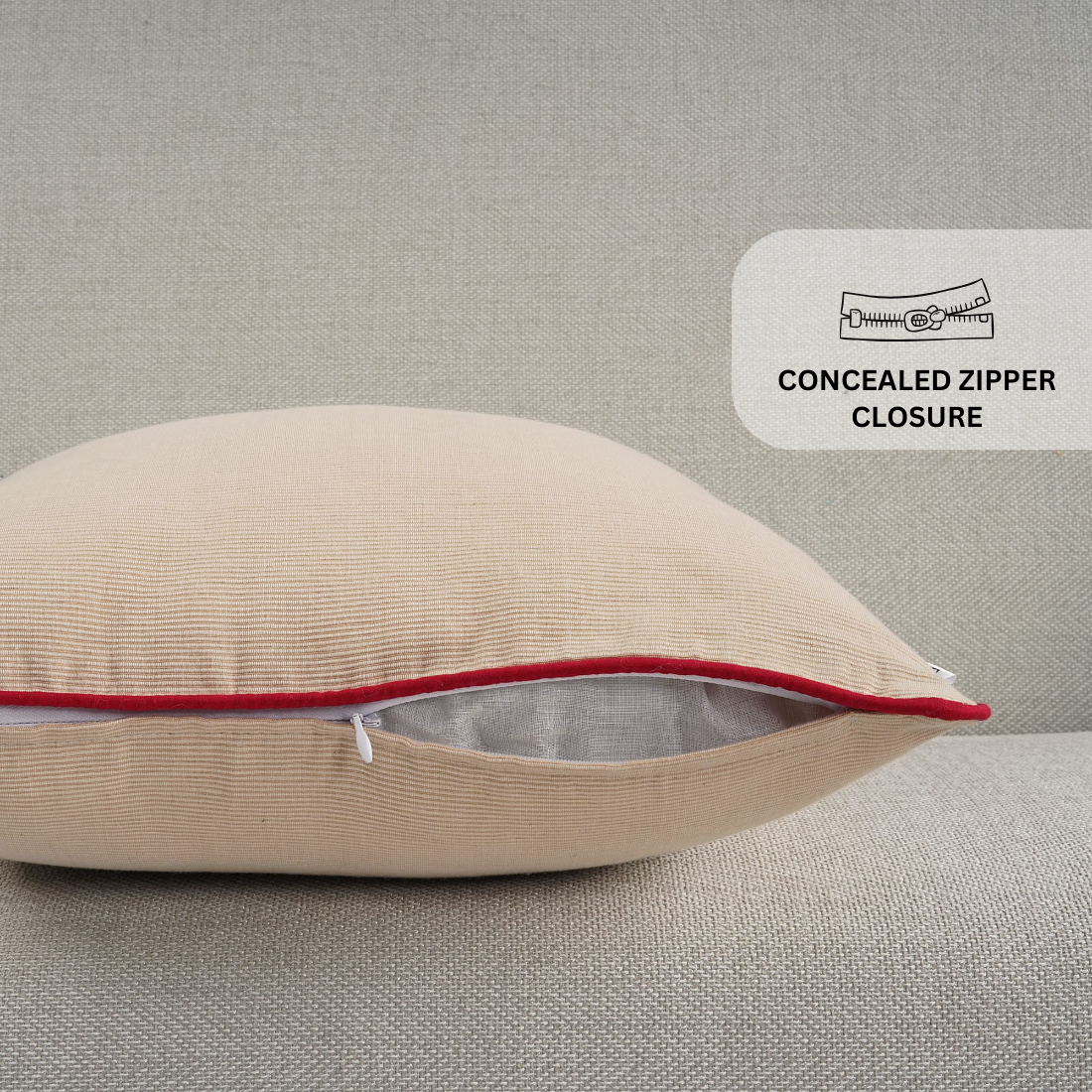 Woven Cotton Corded Stripe 1 Pc Cushion Cover - Beige