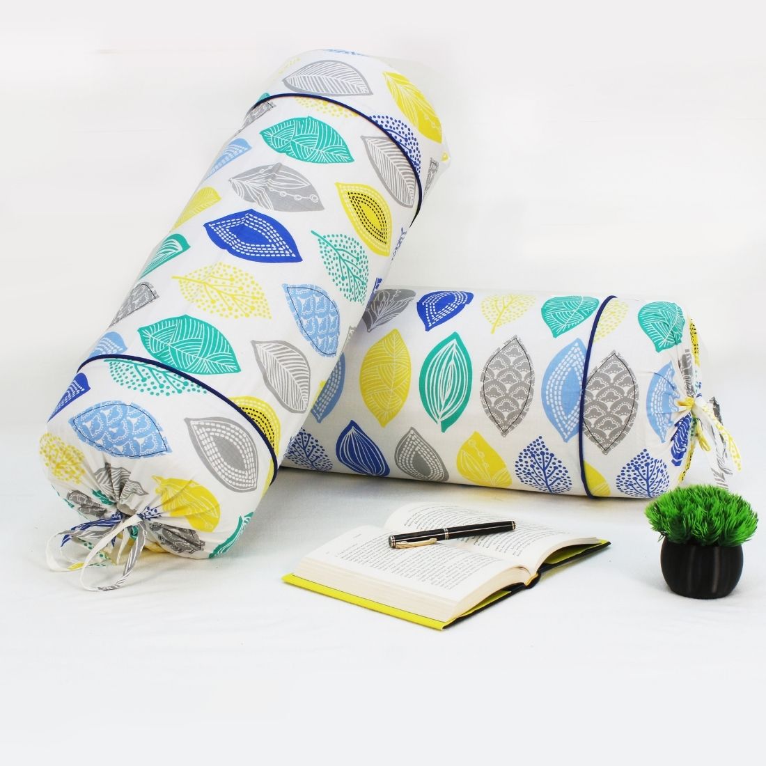 Printed Multicolor Feathers Cotton 2 Pcs Bolster Cover set - Blue
