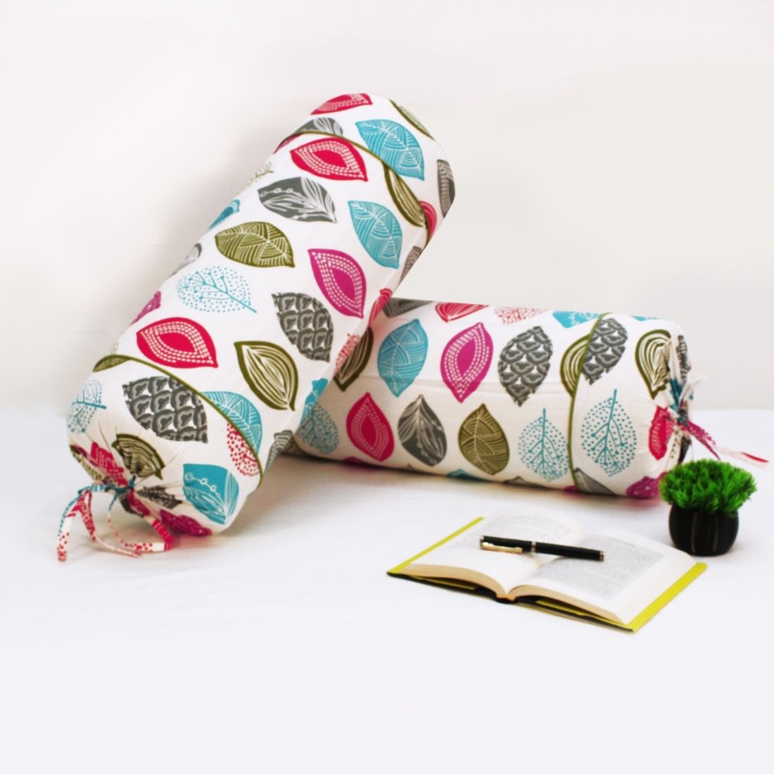 Printed Multicolor Feathers Cotton 2 Pcs Bolster Cover set - Orange
