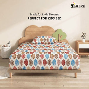 Kids single bedsheet 60x90 inches with red blue leaf design, perfect fit cotton bedsheet for kids bed