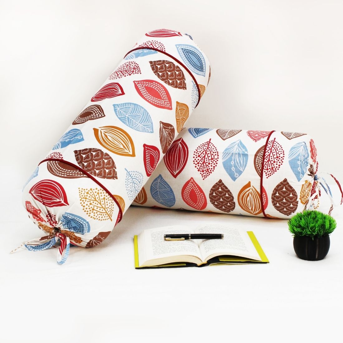 Printed Multicolor Feathers Cotton 2 Pcs Bolster Cover set - Pink