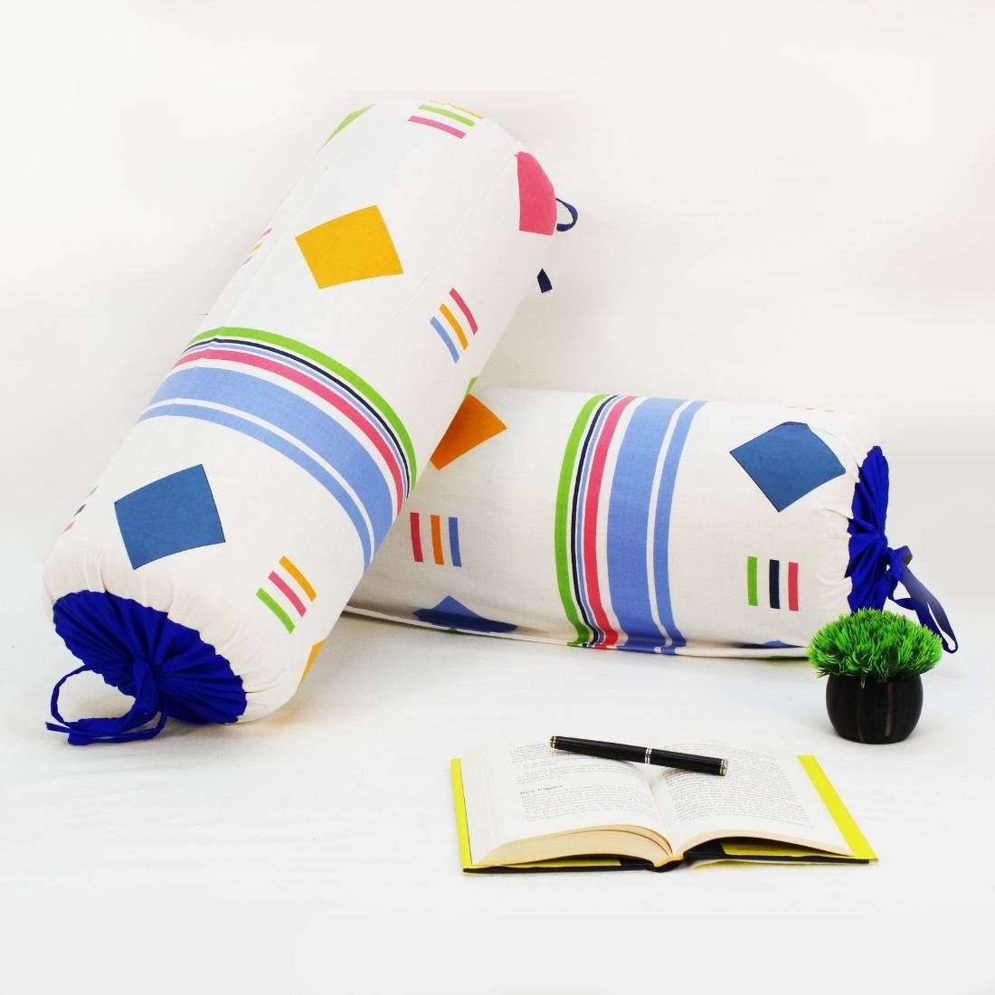 Printed Multicolor Funky Cotton 2 Pcs Bolster Cover set - Blue