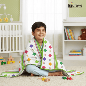 Kids Reversible Cotton Dohar | Soft 3-Layer AC Blanket with Geometrical Print - Green