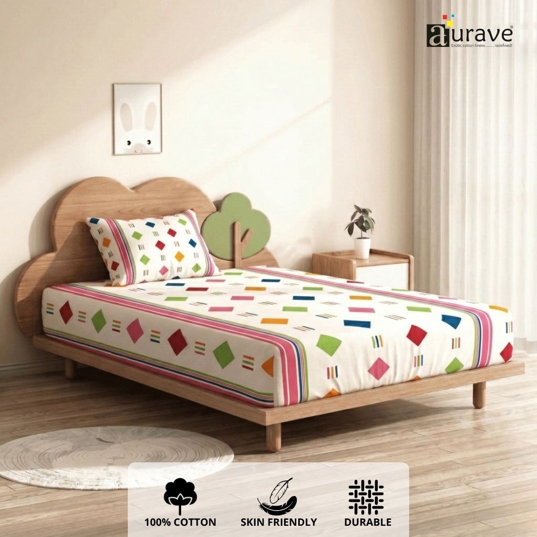 Kids bedroom cotton bedsheet 60x90 inches with colorful geometric pattern, breathable and skin-friendly fabric