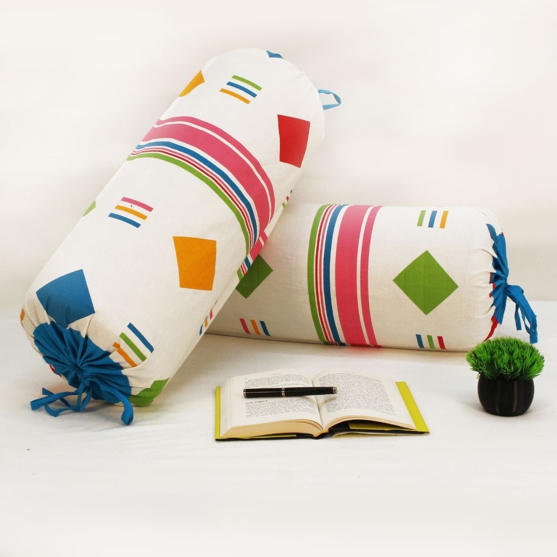 Printed Multicolor Funky Cotton 2 Pcs Bolster Cover set - Pink