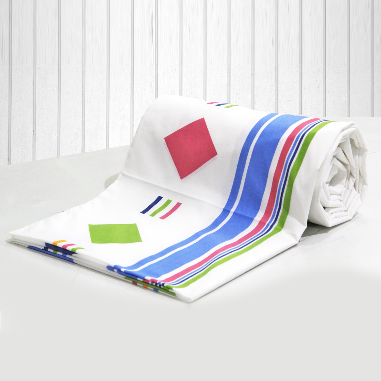 Printed Blue Stripes Geometrical Squares Cotton Duvet Cover with Zipper