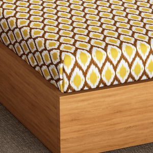 Soft Ikat Print 144 TC Cotton Fitted Bedsheet In Mustard At Best Prices