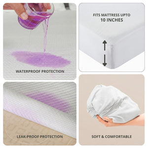 Product features including waterproof protection, fit to mattress up to 10 inches, leak-proof protection, and soft comfort.