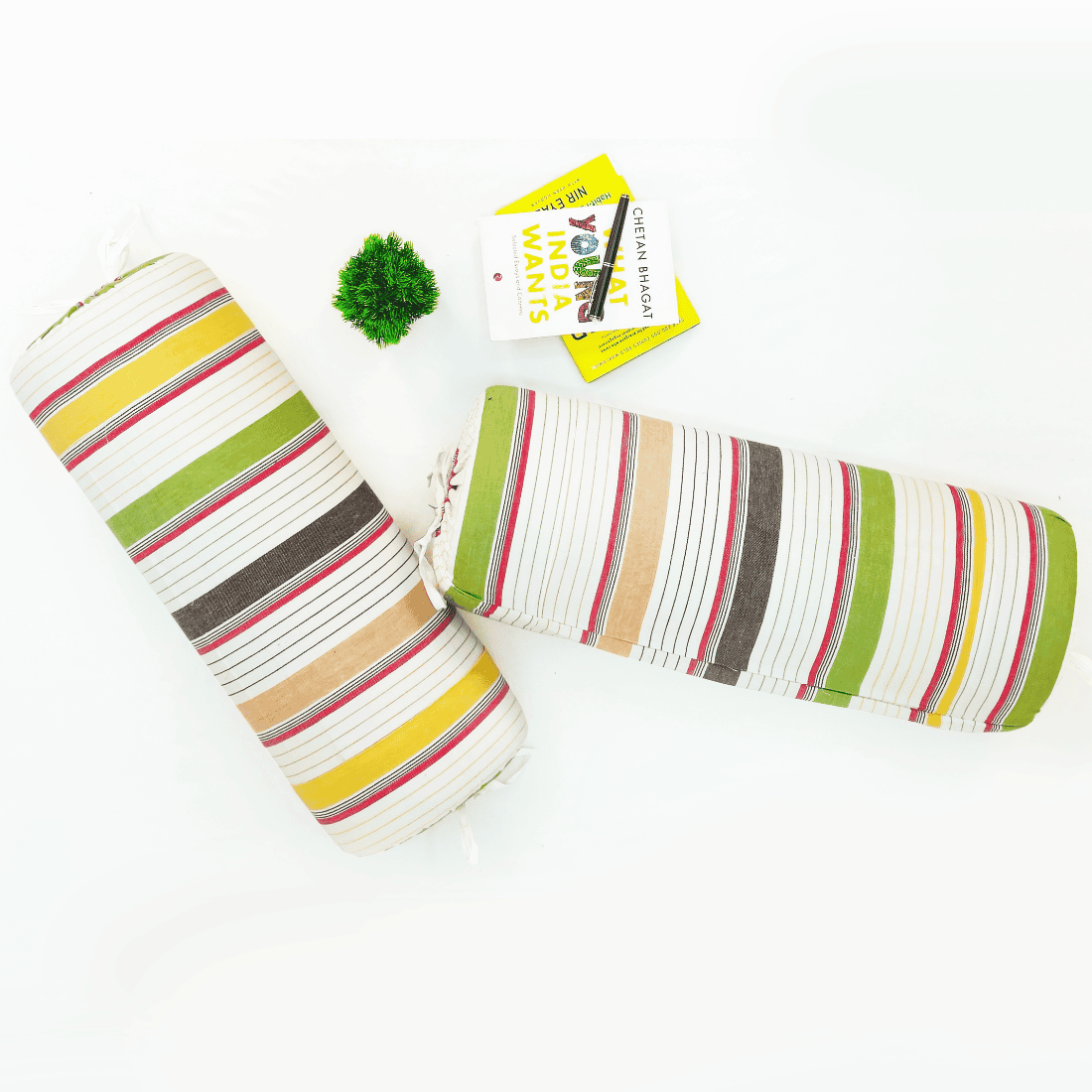 Multicolor Stripes Woven Cotton 2 Pcs Bolster Cover set