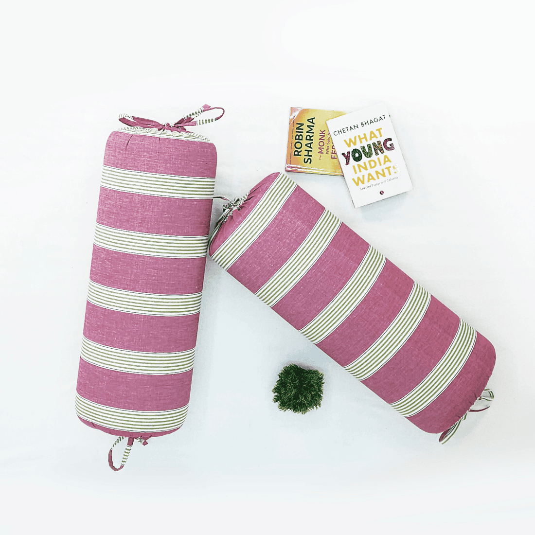 Magenta & Green Stripes Woven Cotton 2 Pcs Bolster Cover - set