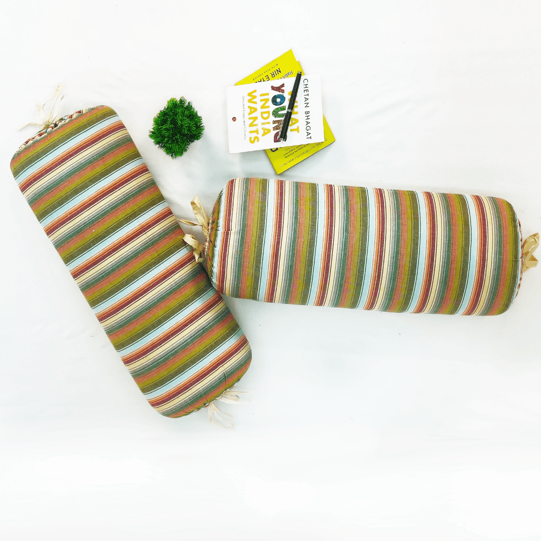 Multicolor Stripes Woven Cotton 2 Pcs Bolster Cover set