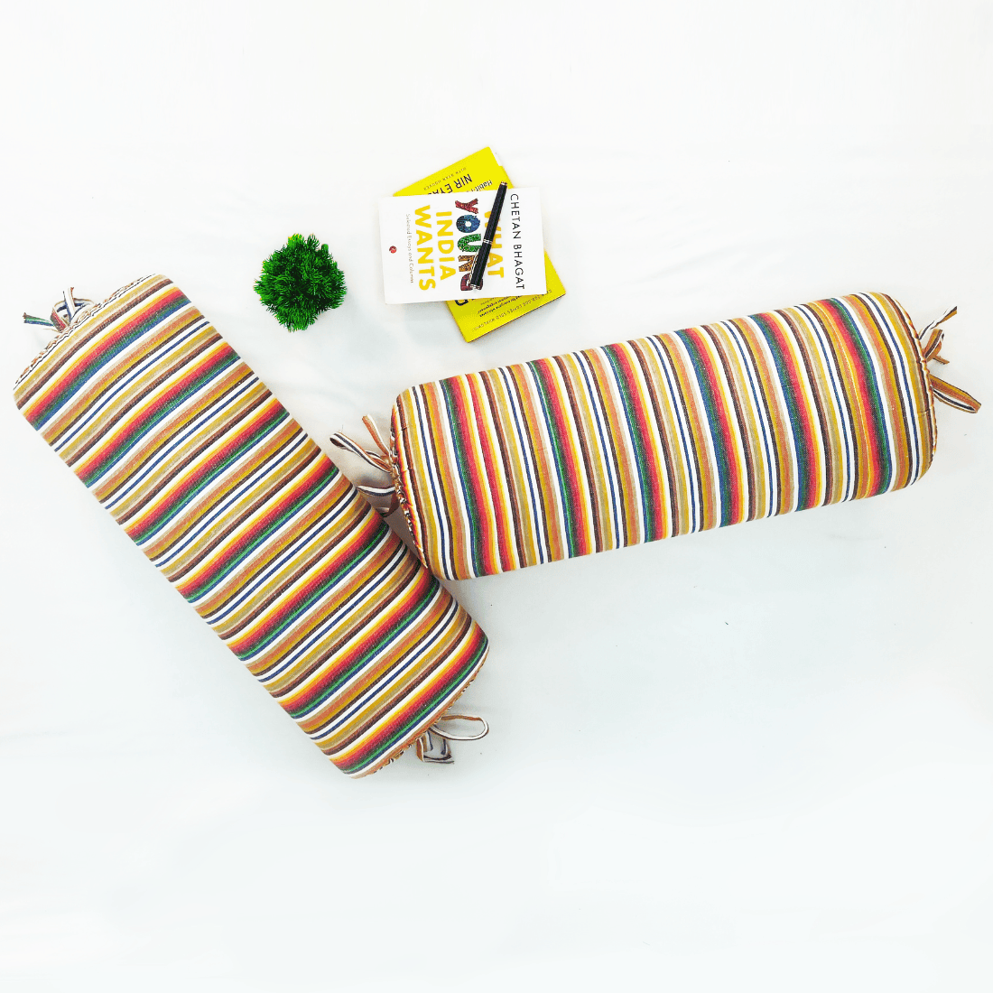 Multicolor Stripes Woven Cotton 2 Pcs Bolster Cover set