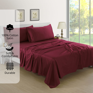 Plain Cotton Satin 400 TC Fitted Bedsheet with Pillow Covers - Burgundy