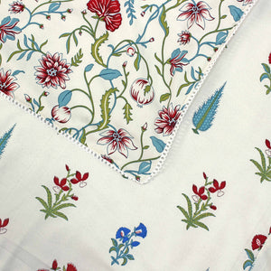 Close-up of Aurave cotton reversible dohar with red and blue floral print and designer border