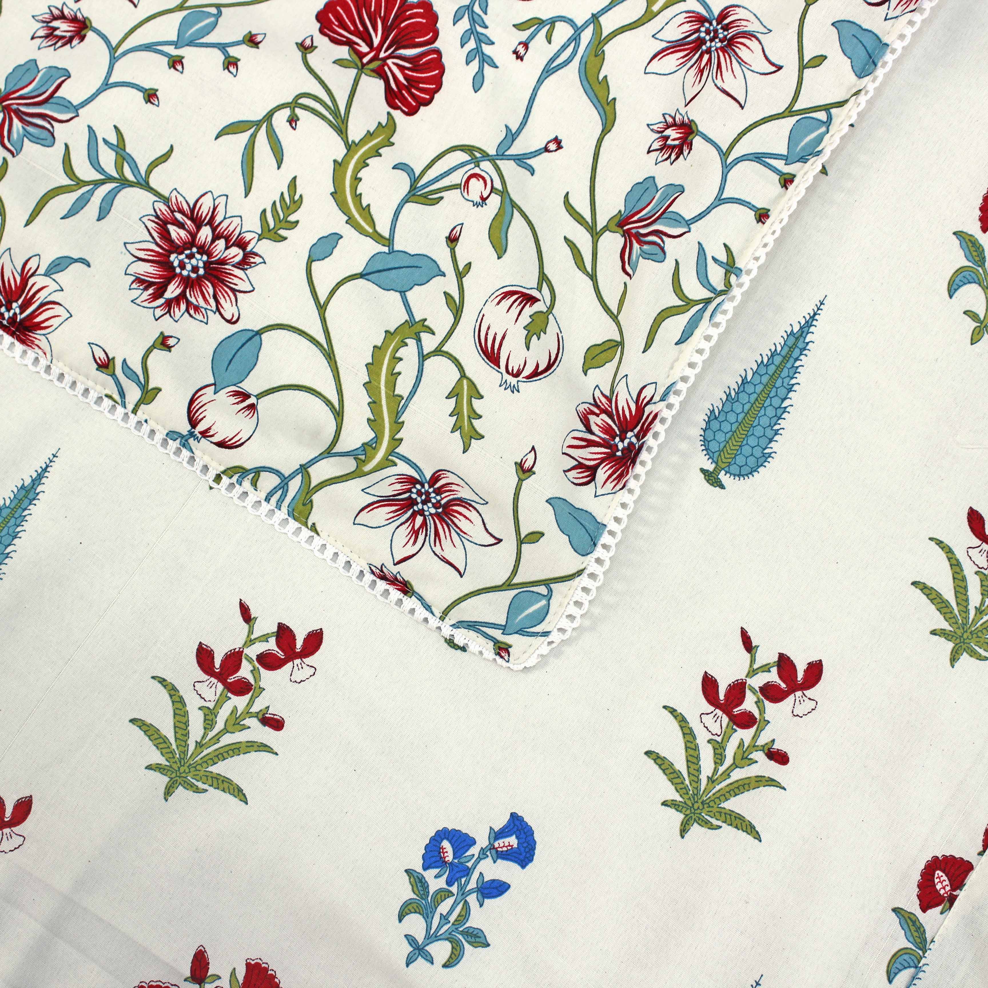 Close-up of Aurave cotton reversible dohar with red and blue floral print and designer border