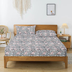 Printed Floral Cotton 144 TC Fitted Bedsheet with Pillow Covers - Grey