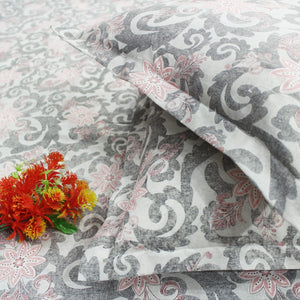 Printed Floral Cotton 144 TC Fitted Bedsheet with Pillow Covers - Grey