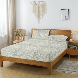 Printed Floral Cotton 144 TC Bedsheet with Pillow Covers - Khaki