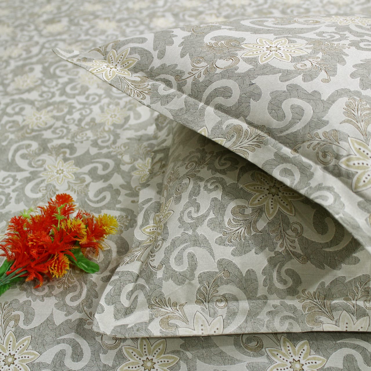Printed Floral Cotton 144 TC Flat Bedsheet with Pillow Covers - Khaki