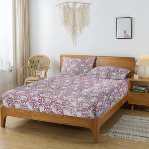 Printed Floral Cotton 144 TC Fitted Bedsheet with Pillow Covers - Magenta