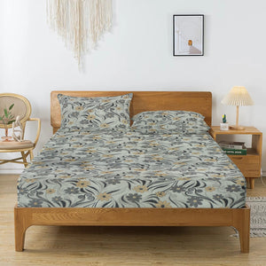 Printed Floral Cotton 144 TC Bedsheet with Pillow Covers - Grey