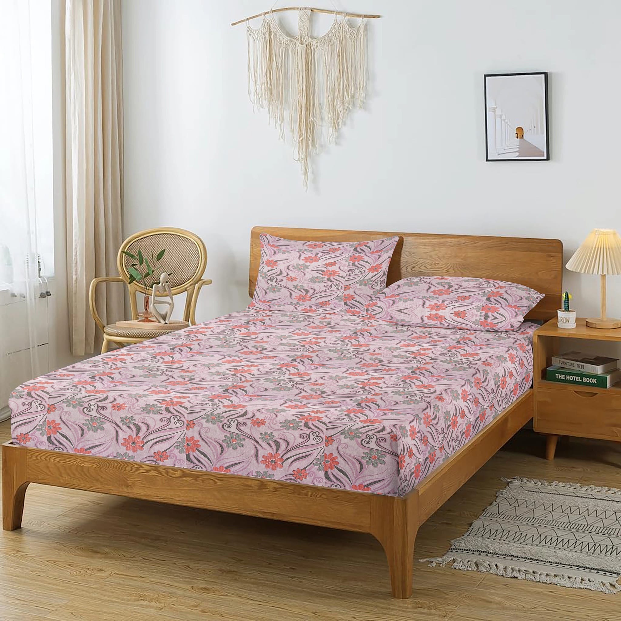 Printed Floral Cotton 144 TC Bedsheet with Pillow Covers - Magenta