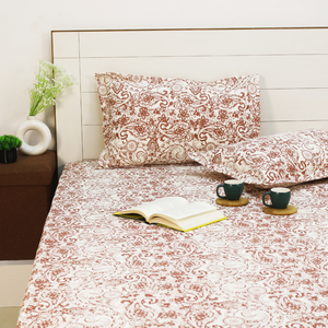 Printed Paisley Cotton 144 TC Fitted Bedsheet with Pillow Covers - Rust
