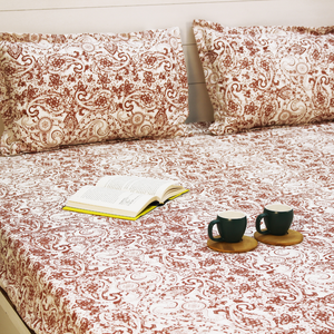 Printed Paisley Cotton 144 TC Fitted Bedsheet with Pillow Covers - Rust