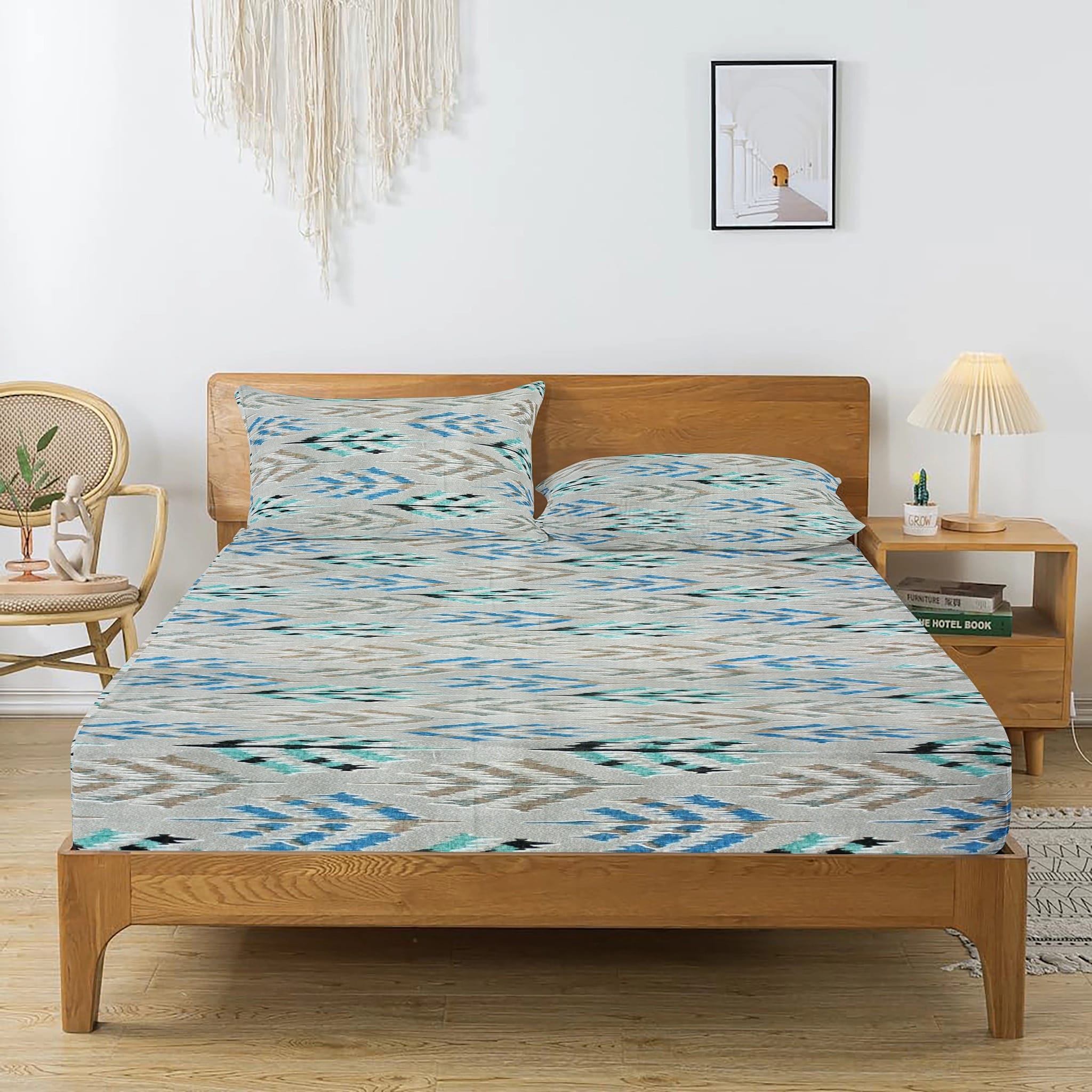 Printed Abstract Cotton 144 TC Flat Bedsheet with Pillow Covers - Grey