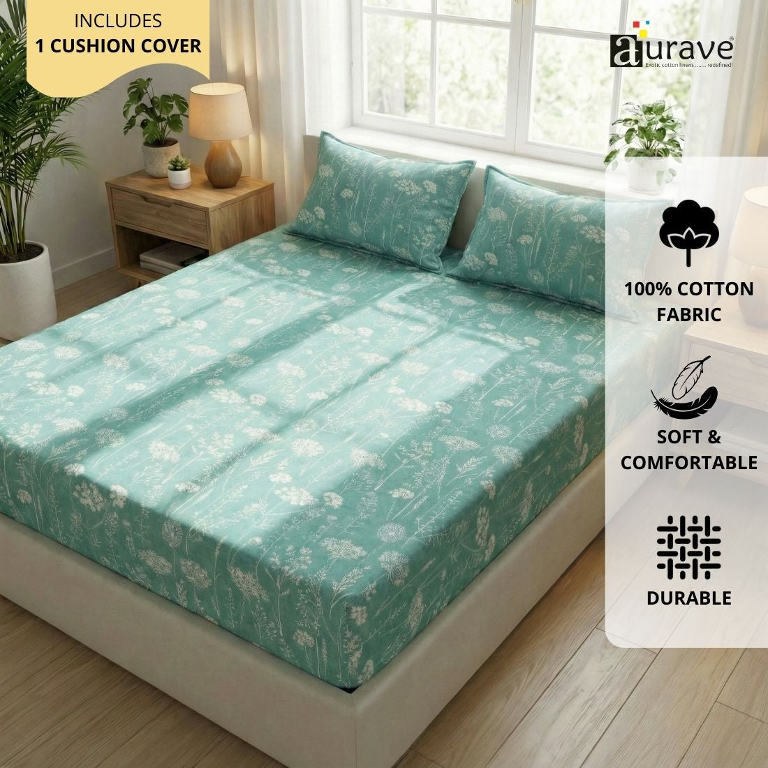 Printed Floral Cotton 144 TC Fitted Bedsheet with Pillow Covers - Green