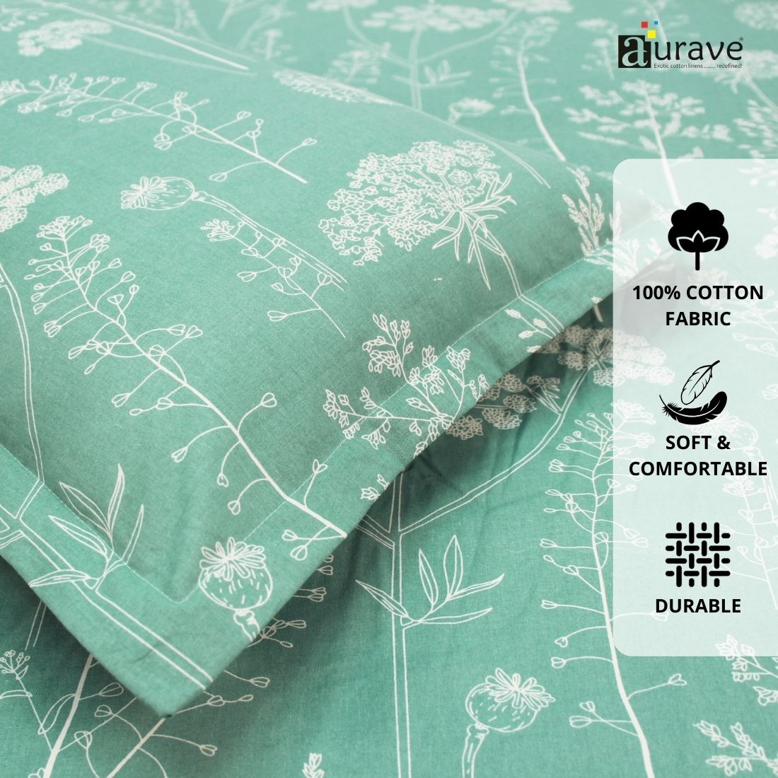 Printed Floral Cotton 144 TC Flat Bedsheet with Pillow Covers - Green
