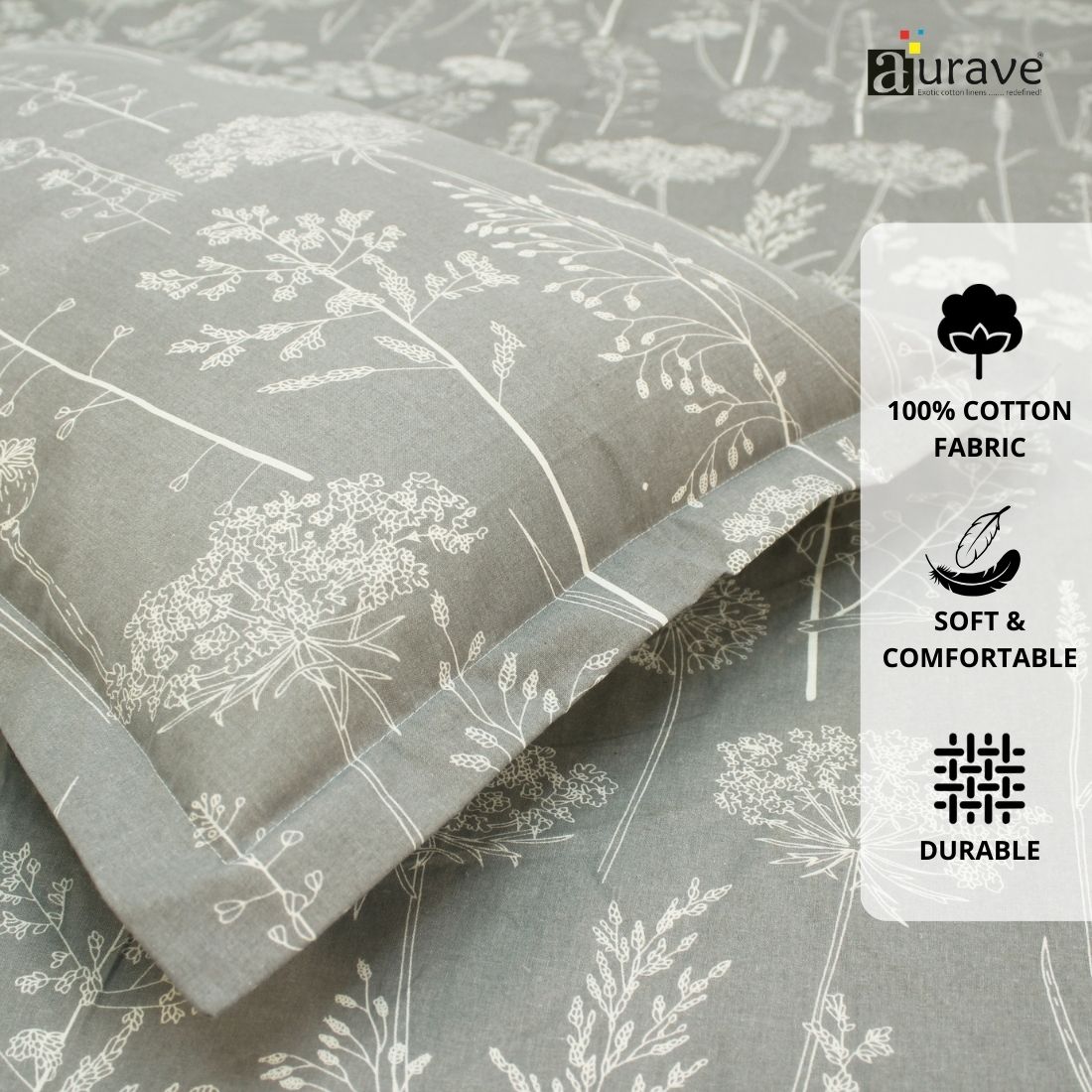 Printed Floral Cotton 144 TC Flat Bedsheet with Pillow Covers - Grey