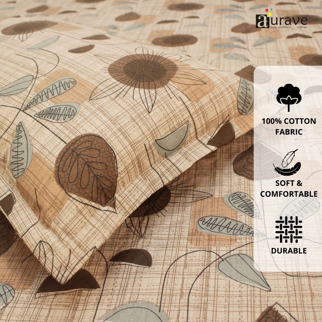 Printed Floral Cotton 144 TC Flat Bedsheet with Pillow Covers - Brown