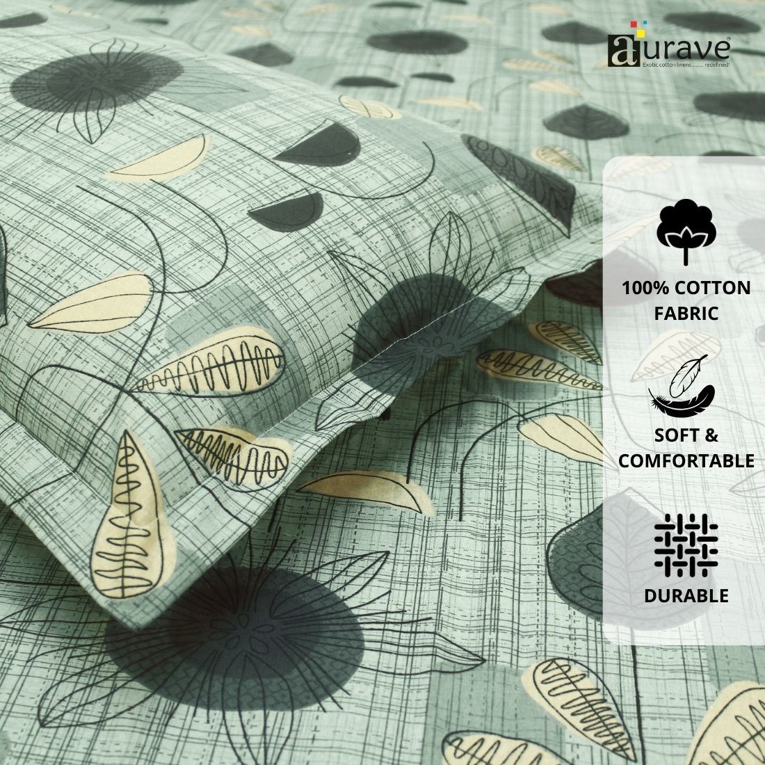 Printed Floral Cotton 144 TC Flat Bedsheet with Pillow Covers - Grey