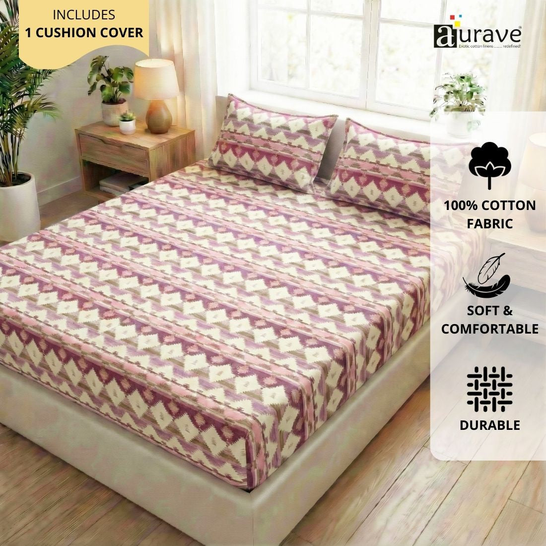 Printed Floral Cotton 144 TC Fitted Bedsheet with Pillow Covers - Magenta