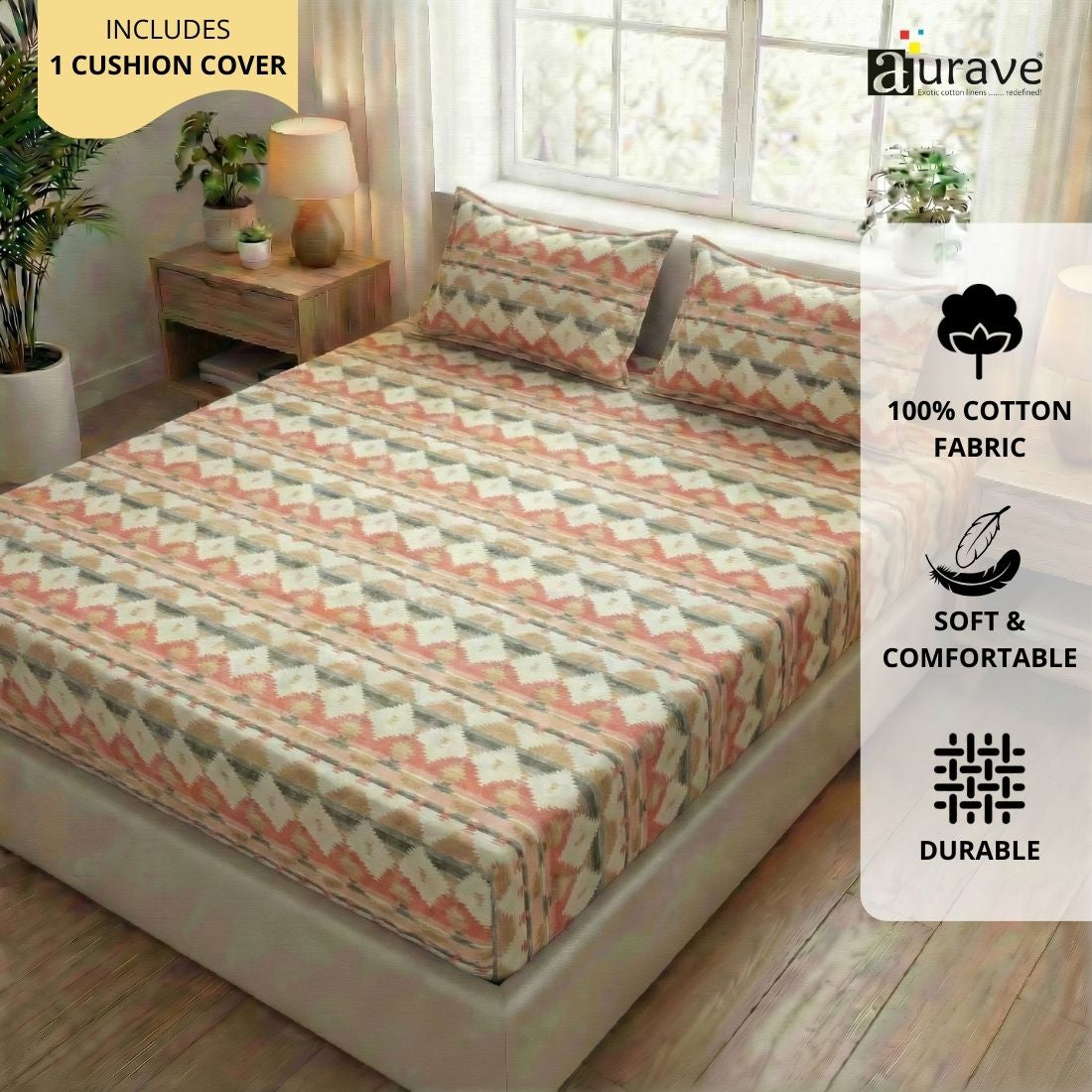Printed Floral Cotton 144 TC Fitted Bedsheet with Pillow Covers - Orange