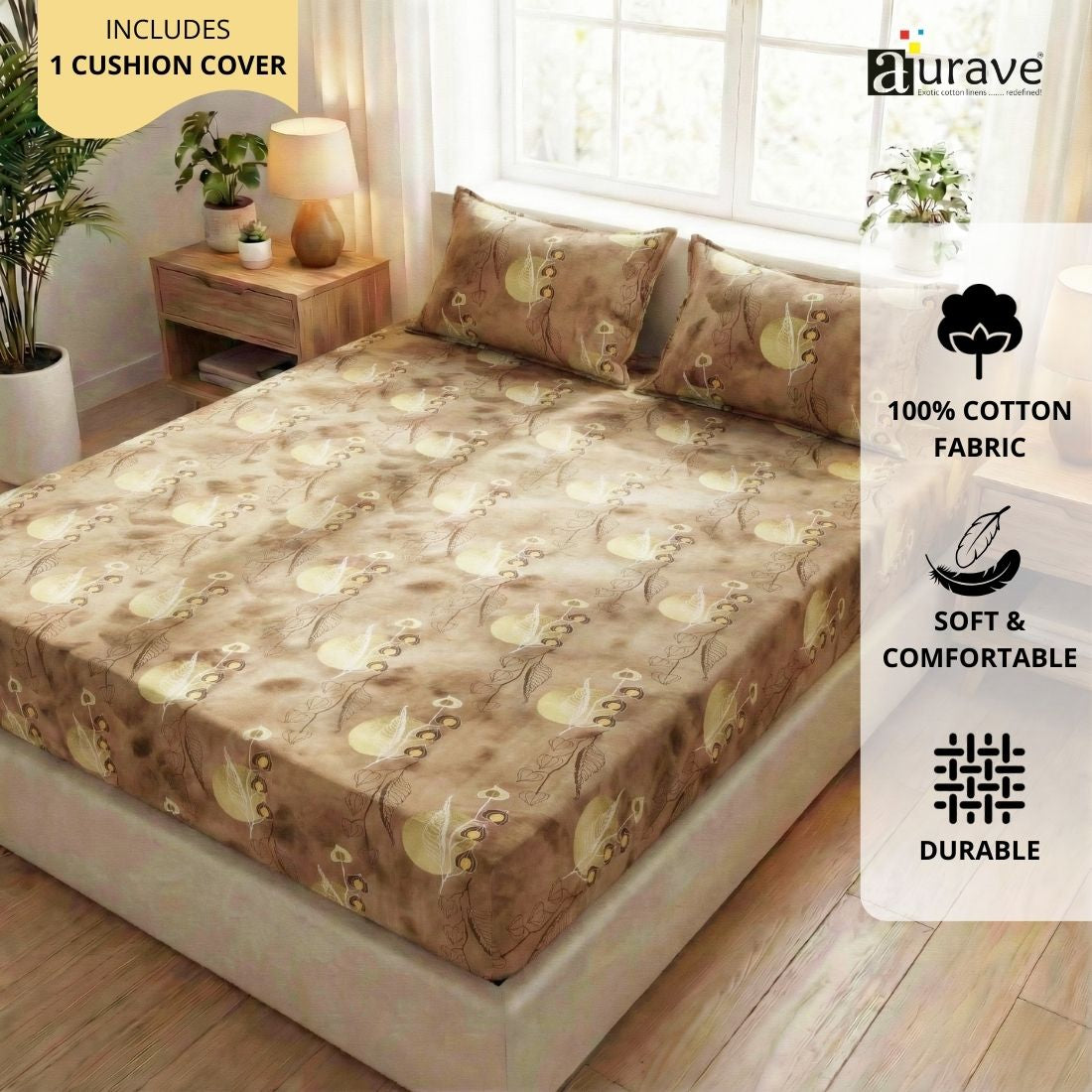 Printed Floral Cotton 144 TC Fitted Bedsheet with Pillow Covers - Brown
