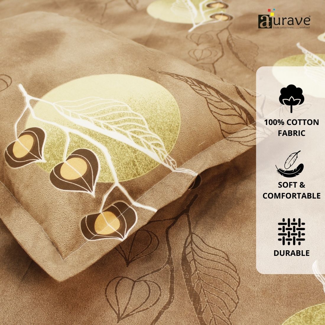 Printed Floral Cotton 144 TC Flat Bedsheet with Pillow Covers - Brown