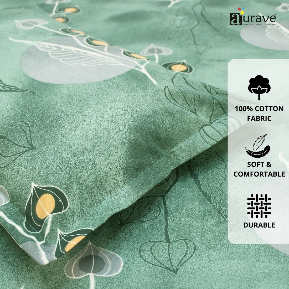 Printed Floral Cotton 144 TC Flat Bedsheet with Pillow Covers - Green