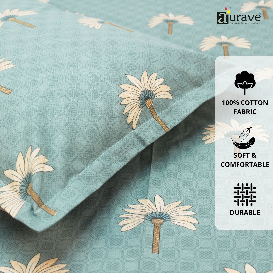 Printed Floral Cotton 144 TC Flat Bedsheet with Pillow Covers - Blue
