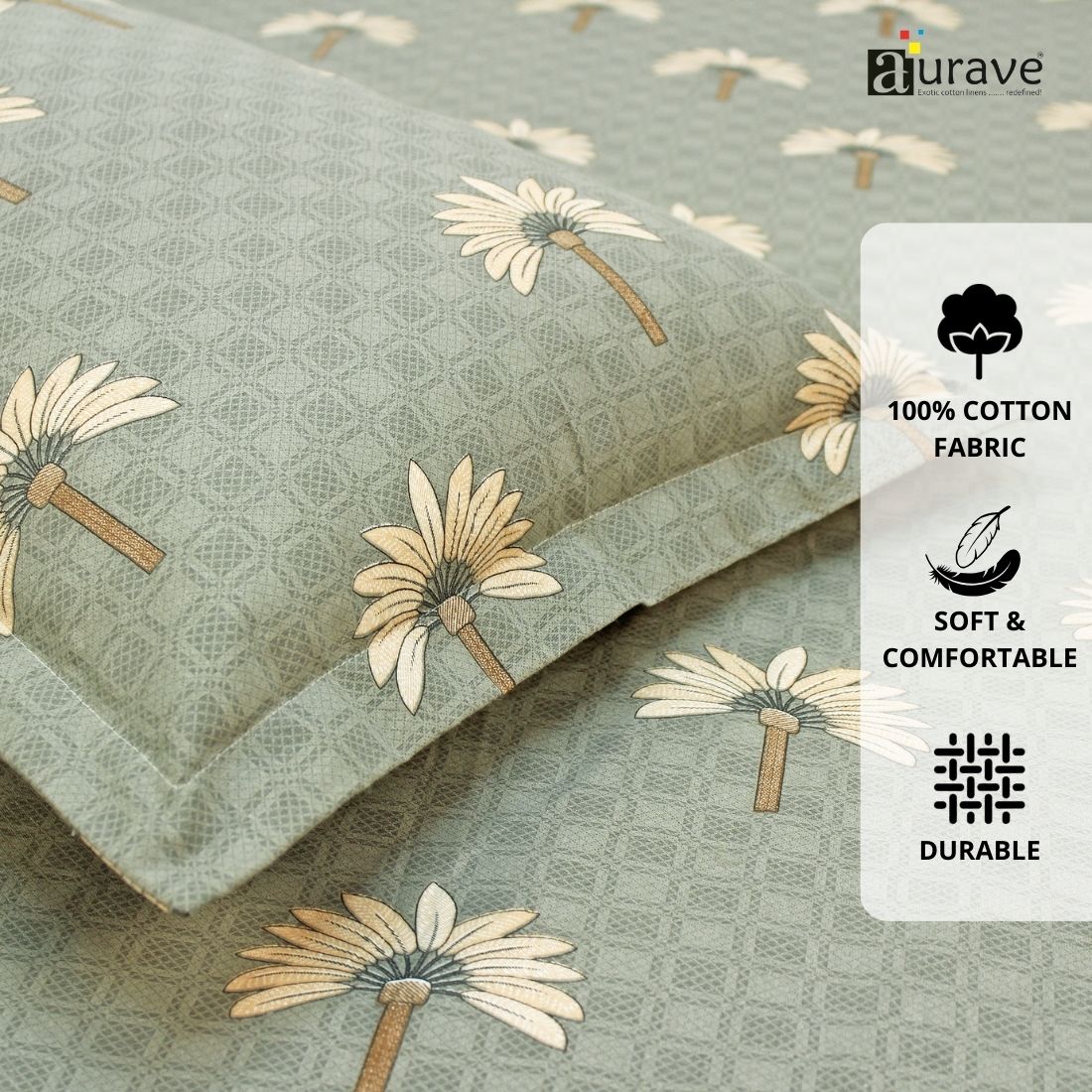 Printed Floral Cotton 144 TC Flat Bedsheet with Pillow Covers - Grey