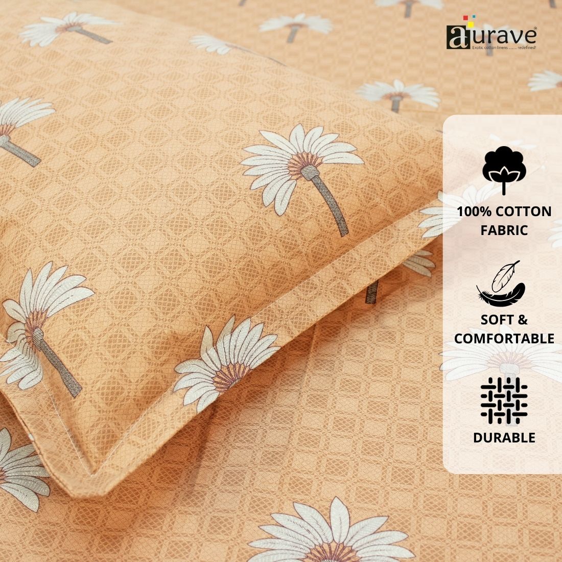Printed Floral Cotton 144 TC Flat Bedsheet with Pillow Covers - Peach