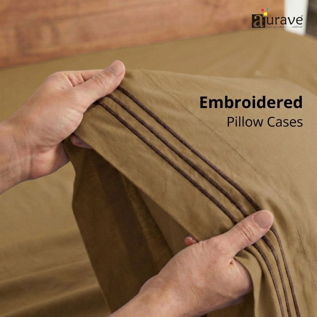 Luxury King Size Cotton Flat Bedsheet with Embroidered Pillow Covers - Coffee Brown