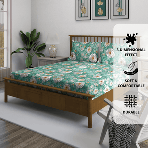 Floral 7D Digital Printed Fitted Bedsheet with Pillow Covers - Aqua