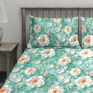 Floral 7D Digital Printed Fitted Bedsheet with Pillow Covers - Aqua