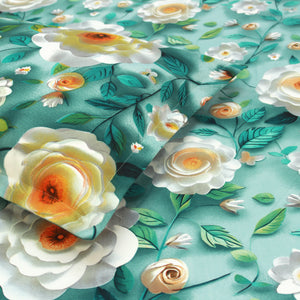 Close up Floral 7D Digital Printed Fitted Bedsheet with Pillow Covers - Aqua