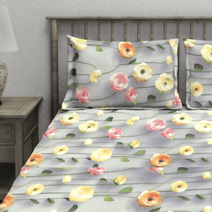 Floral 7D Digital Printed Fitted Bedsheet with Pillow Covers - Grey