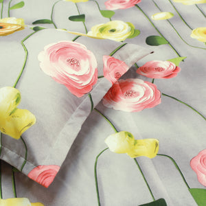 Full View Floral 7D Digital Printed Fitted Bedsheet with Pillow Covers - Grey