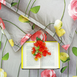 Floral 7D Digital Printed Fitted Bedsheet with Pillow Covers - Grey