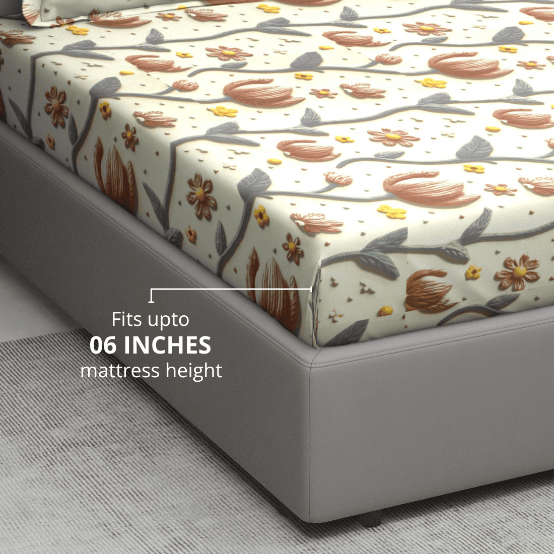 Floral 7D Digital Printed Fitted Bedsheet Fits Upto 06 Inches Mattress Height